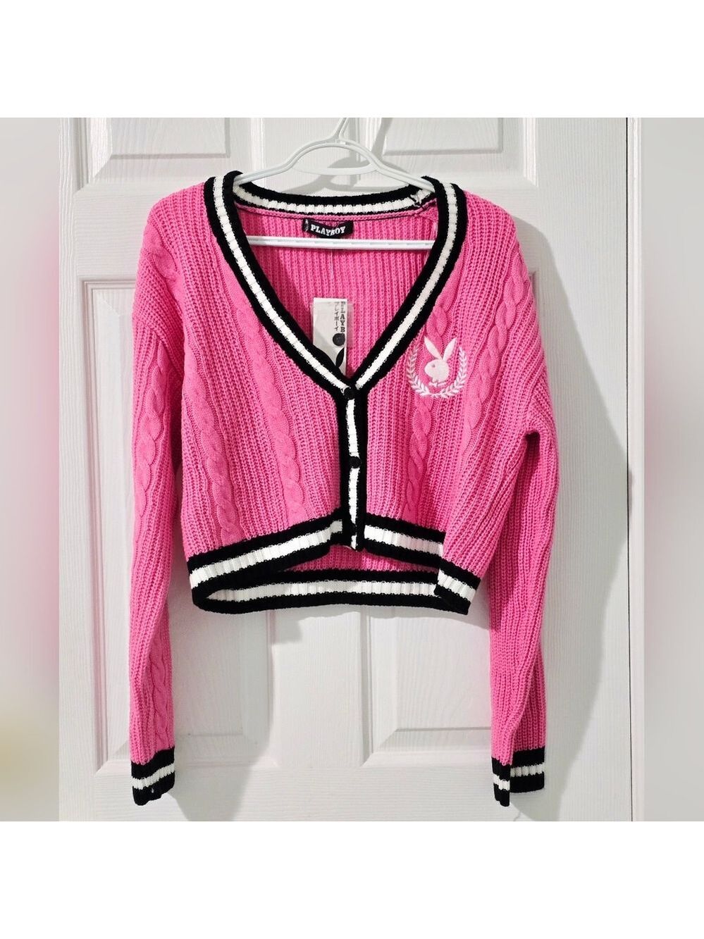 NEW! Playboy Women's Embroidered Varsity Knit Sweater Cardigan Size M